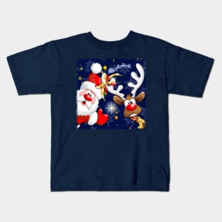 Merry Christmas Happy Santa and Reindeer Kids T-Shirt